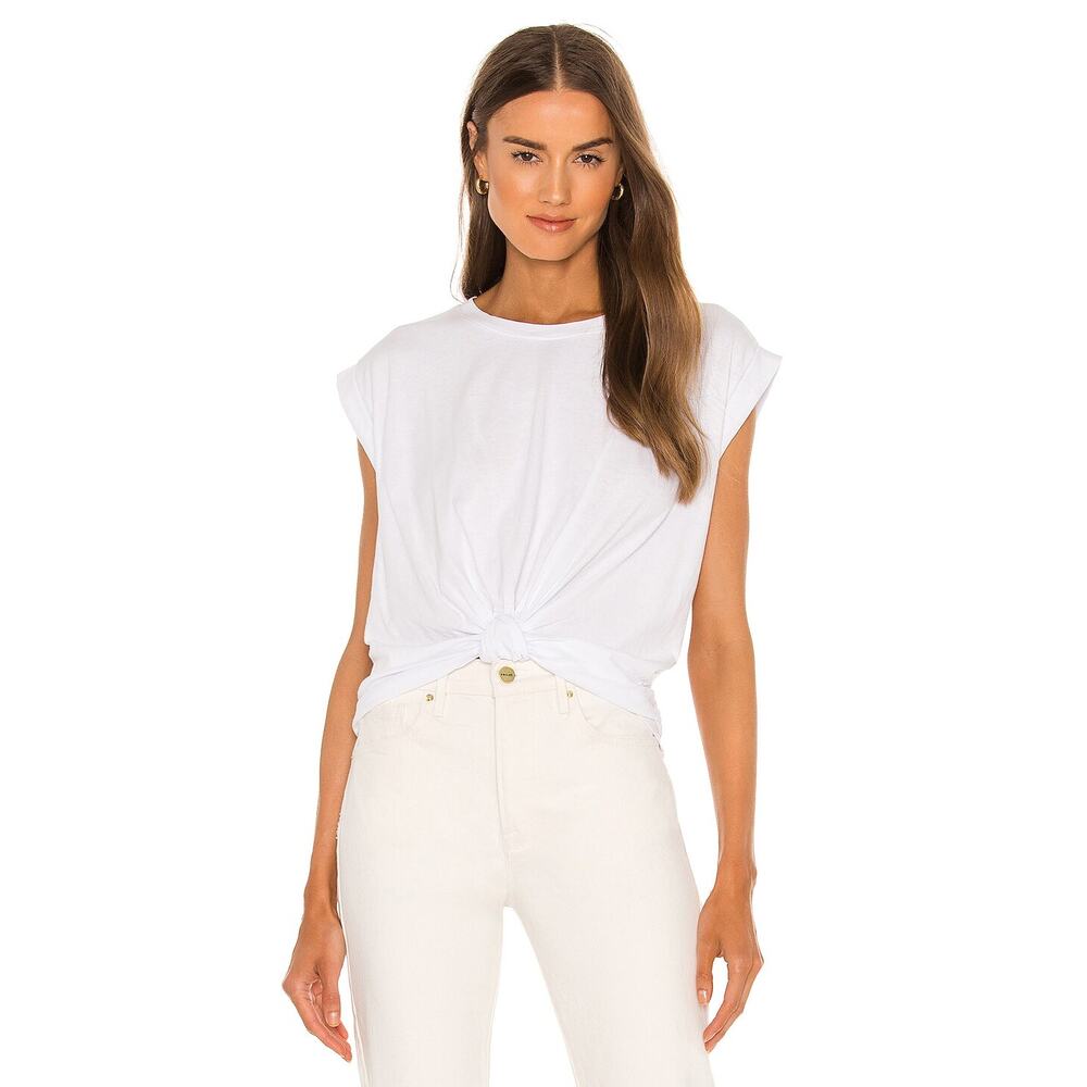 FRAME Knotted Rolled Tee Cotton Cap Sleeve T-Shirt White Size Small Crewneck